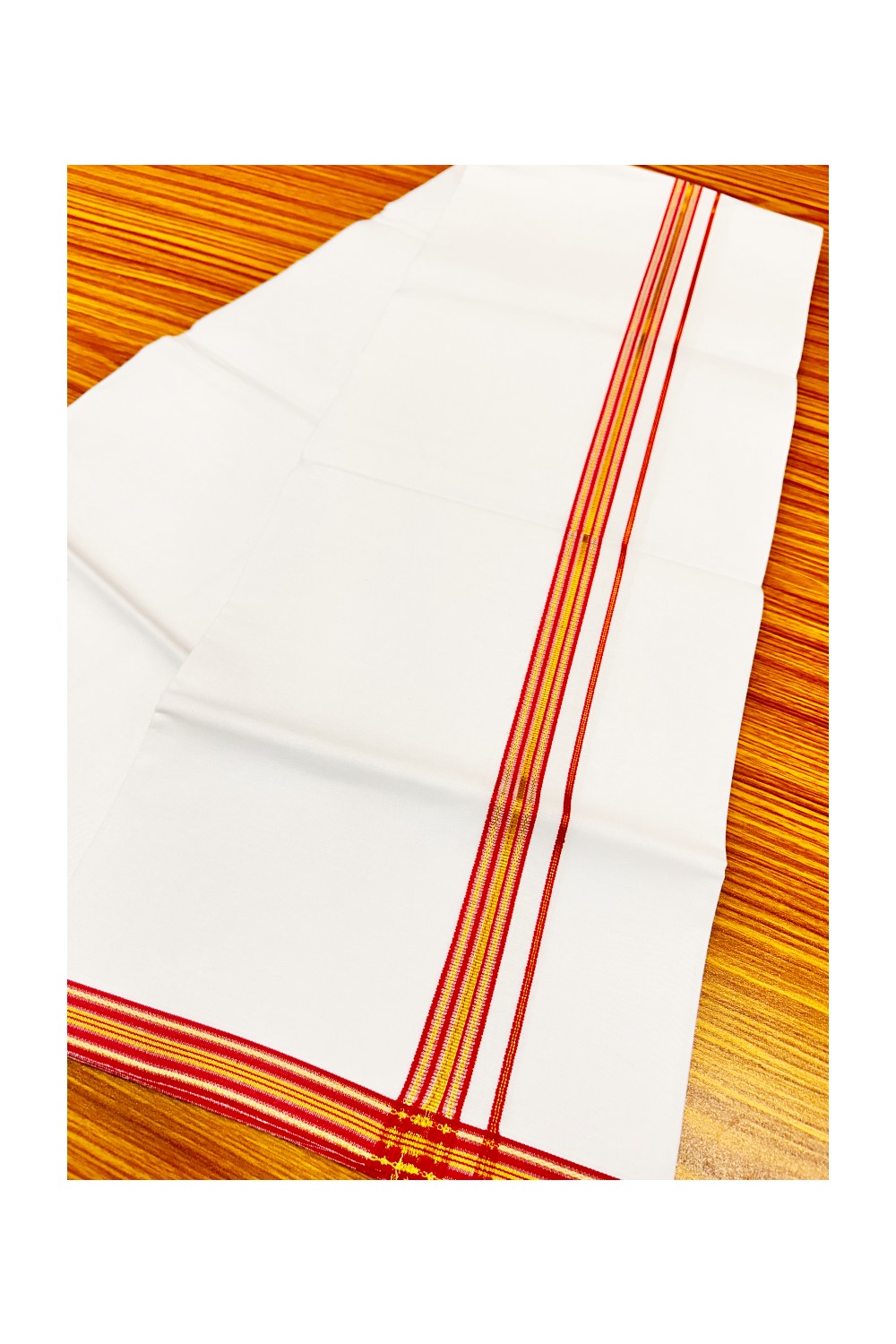 20% OFFER!! KaithariKada 100% Cotton PURE WHITE SINGLE Mundu/Dhoti-40X40 Designer Orange+Red & Kasavu Zazri 1.5inch  Kara- 27sar