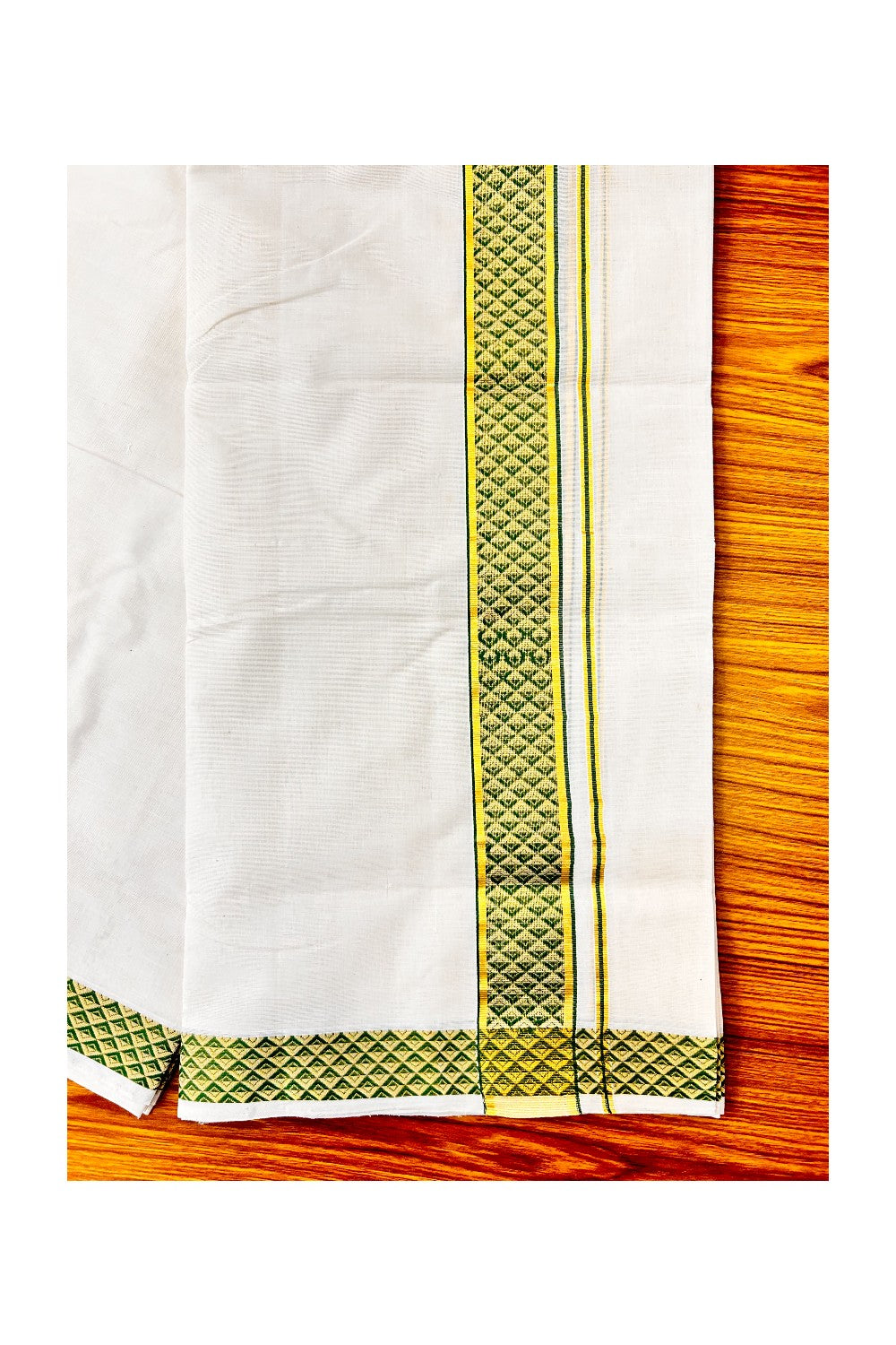 18 % DISCOUNT ! KaithariKada HANDLOOM Unakkupaav Balaramapuram - 100% PURE Cotton 3.75 Meter Off White Double Mundu/Dhoti - Green Check & KASAVU DESIGN 2.5 Inch KARA- ABH27