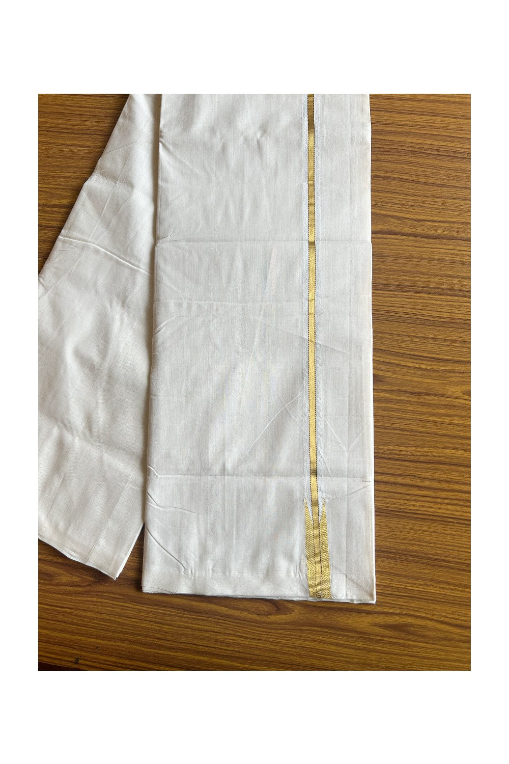 17% DISCOUNT!! KaithariKada HANDLOOM Millpaav Balaramapuram - 100% PURE Cotton OFF White Double - (Unbleached) Mundu/Dothi - 2 cm Puliyilakkara chutty gold Kasavu with brown doted kara - 27KK462RAM