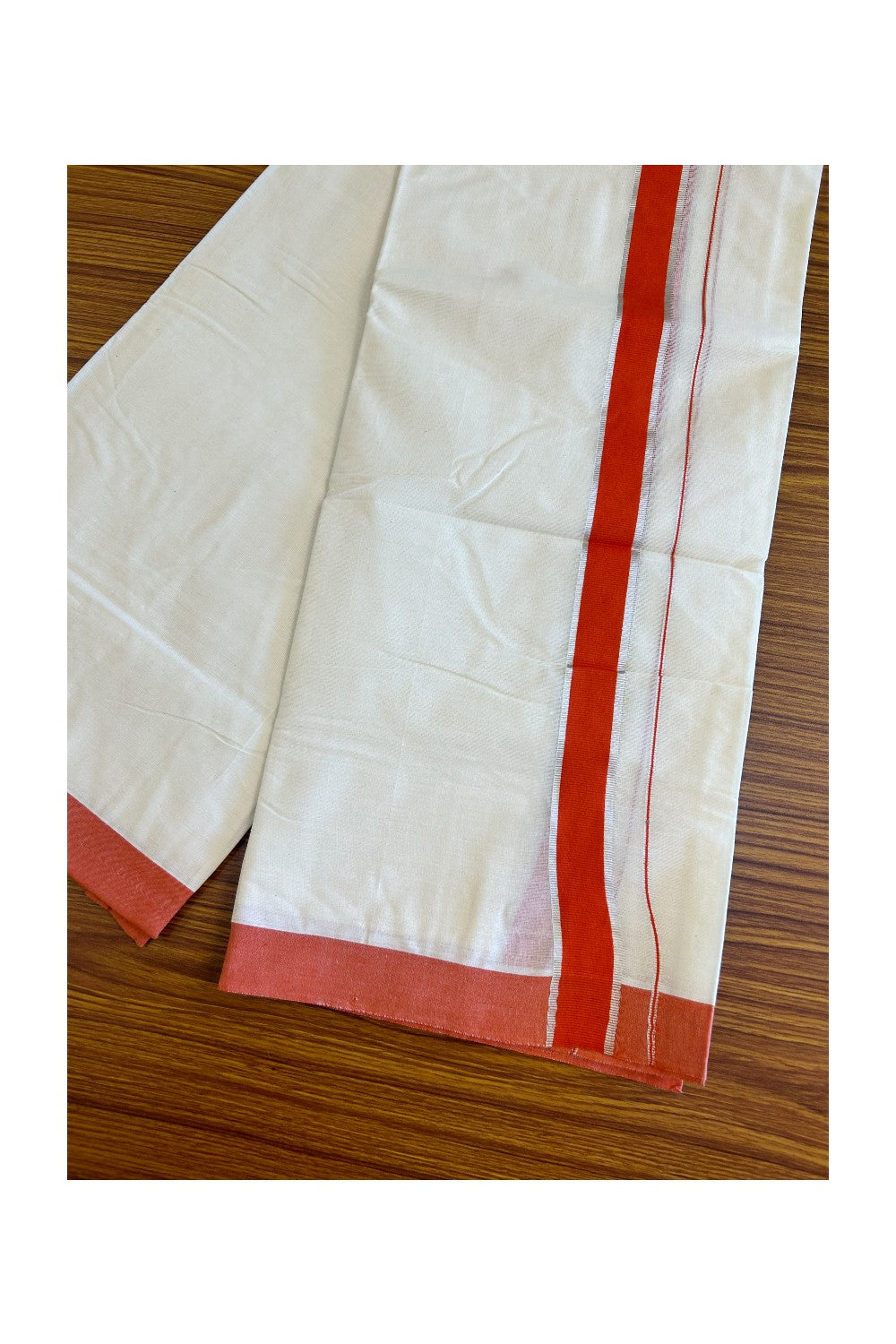 10% DISCOUNT! KaithariKada Balaramapuram 100% Cotton Double Off white Mundu/Dhoti-100X100- 2 inch Orange & Silver  Kara- 27KK500KK