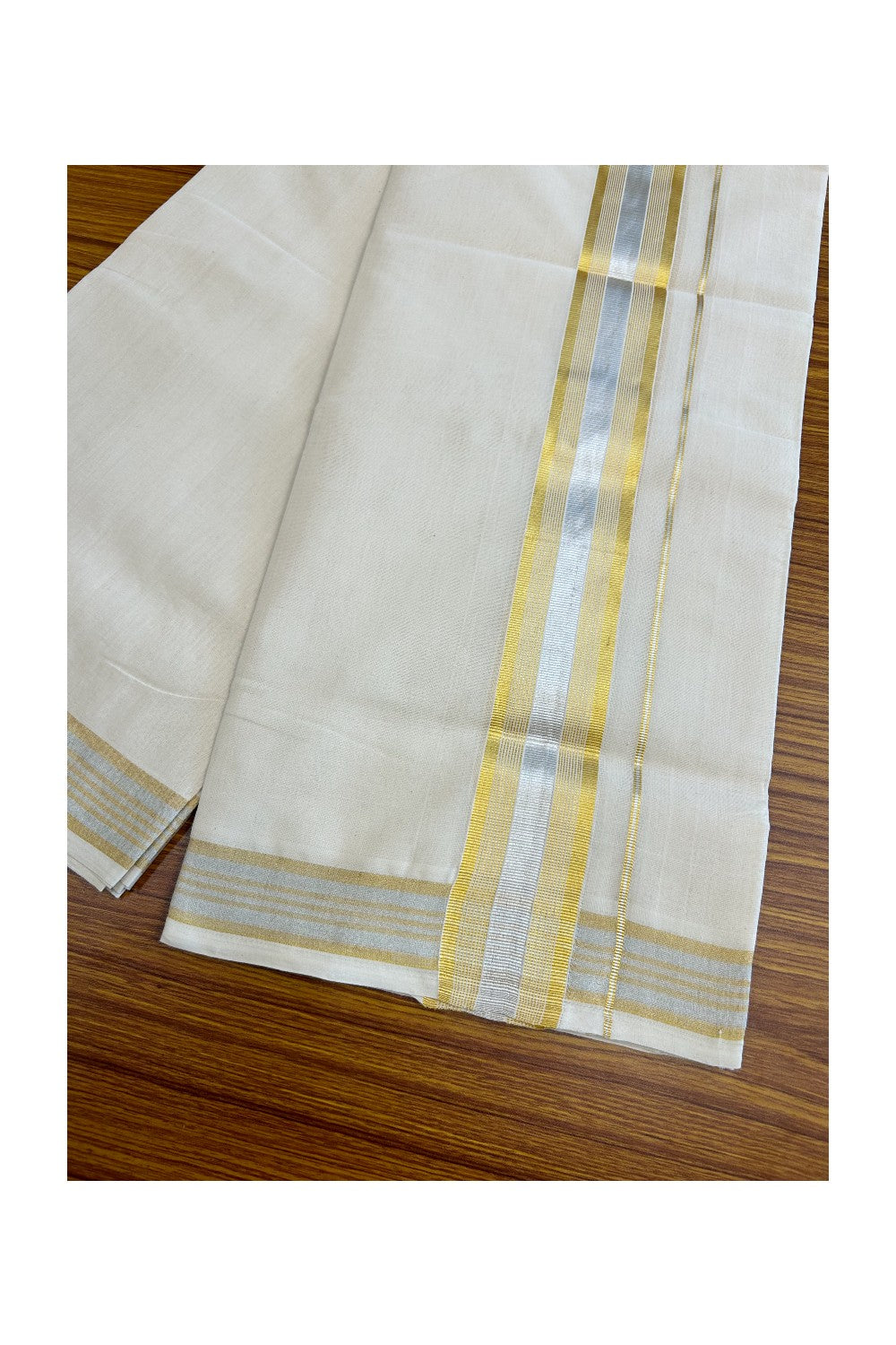 8% DISCOUNT! KaithariKada HANDLOOM Millpaav Balaramapuram - 100% PURE Cotton Off White -  Double Mundu/Dhoti - 2.85 inch Gold Kasavu & silver Stripes Kara - 27KK5029RAM