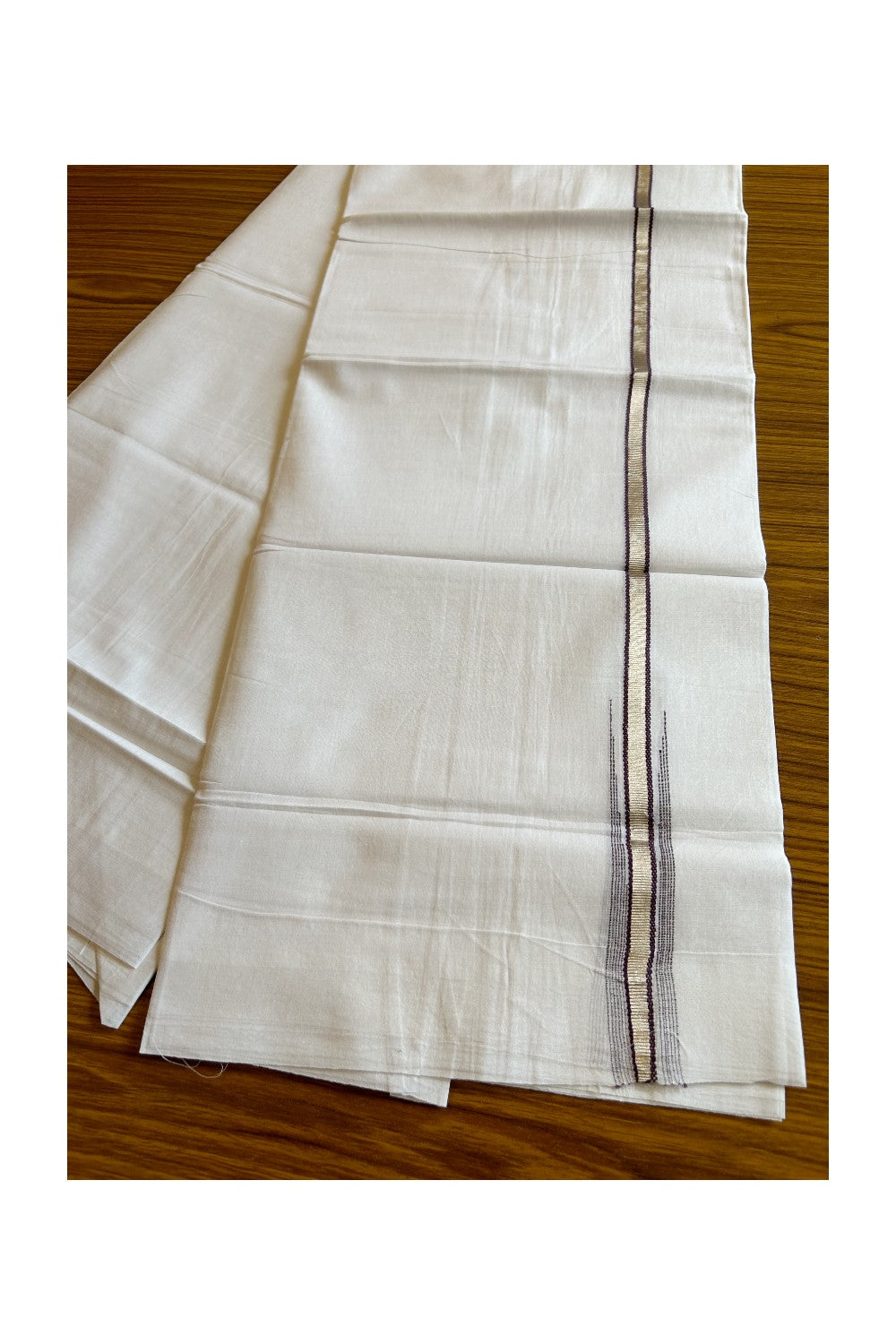 8% Discount ! Kaitharikada Balaramapuram 100% Cotton PURE WHITE Double Mundu/Dothi- 0.5 inch Silver Kasavu & Dark Brown Striped Chutty Kara - 27KK5032GAN