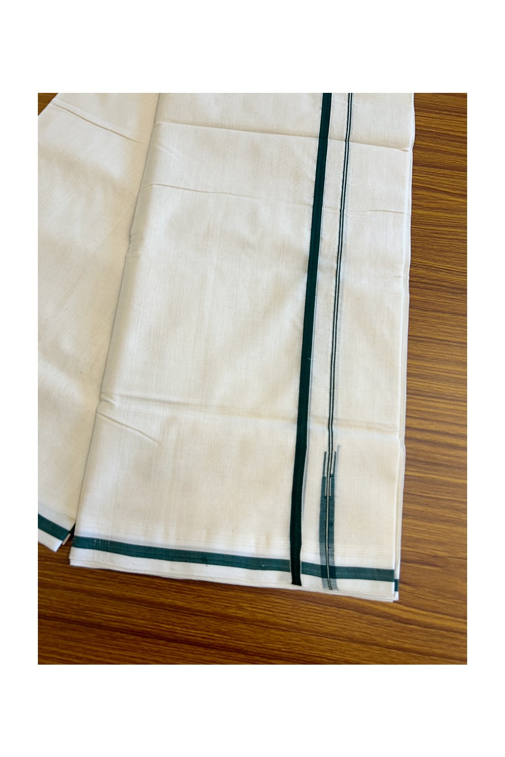 21% Discount KaithariKada HANDLOOM UNAKKUPAAV Balaramapuram - 100% PURE Cotton off white (Unbleached) Double Mundu/Dhoti -  1.cm PULIYILAKKARA Green Chutty Kara-97