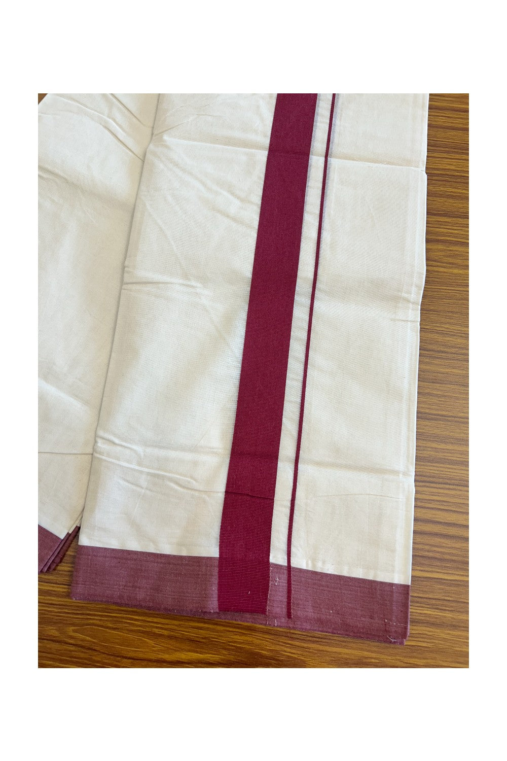 KaithariKada Balaramapuram 100% Cotton Double Off white - (Unbleached) - Mundu/Dhoti-100x100 - 1.5 inch Dark Brown Kara - 4