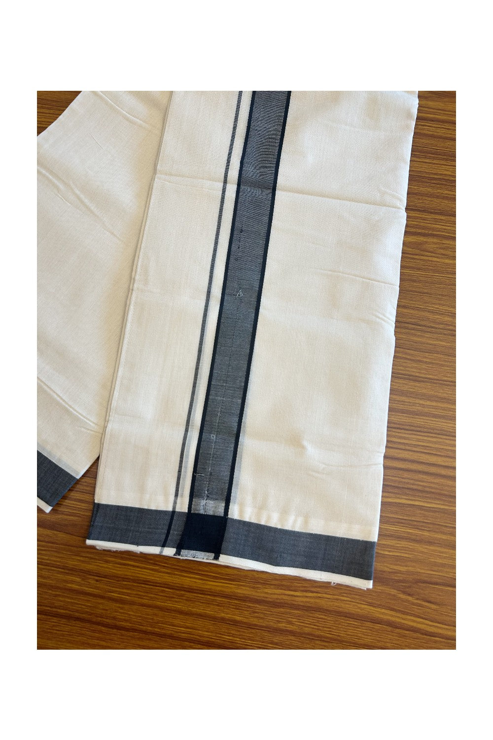 15% DISCOUNT! KaithariKada BALARAMAPURAM HANDLOOM Unakkupaav- 100% PURE Cotton 100x100 Double Mundu/Dhoti OFF WHITE (Unbleached) - Black Stripes Kara