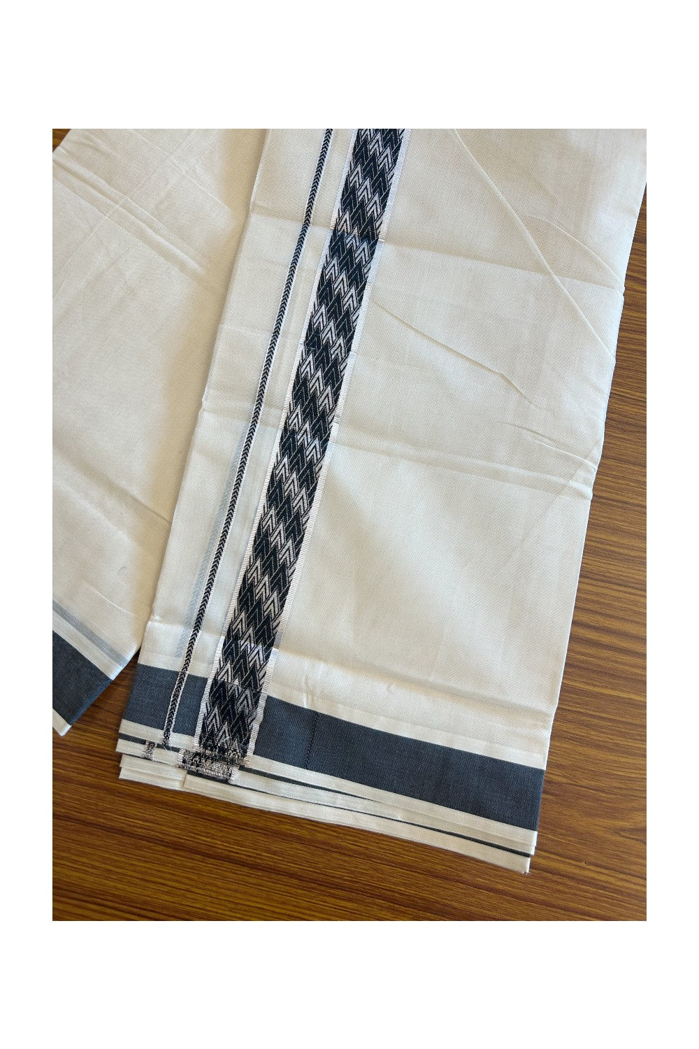 20% DISCOUNT ! KaithariKada Balaramapuram 100% Cotton Double off white  (Unbleached) Mundu/Dhoti - 100X90 - 2.25 inch Silver kasavu & Black design kara - 27KK5113PMC