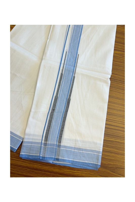 20% DISCOUNT!! Kaitharikada Balaramapuram 100% Cotton PURE WHITE Double Mundu/Dothi-80X90 - 1.75 Inch Sky Blue & Black Striped Chutty Kara 3.70m (8 Muzham) - 46KK5115THI