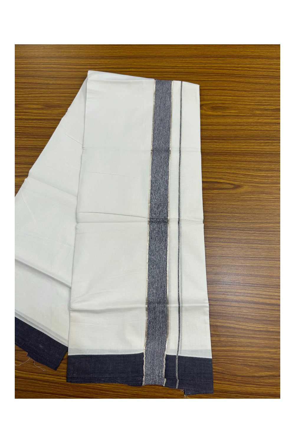 20% Discount !! KaithariKada Balaramapuram Double PURE WHITE Mundu/Dhoti- 100x80 - 1.5 inch Navy Blue Shaded Kara Silver Striped kara - 27KK5143PMC