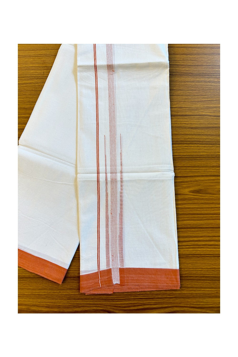 22% DISCOUNT!! Kaitharikada Balaramapuram 100% Cotton Ultra WHITE Double Mundu/Dothi-100x100   2 Inch ORANGE Striped Cotton Kara 3.80m- 27KK74RAM