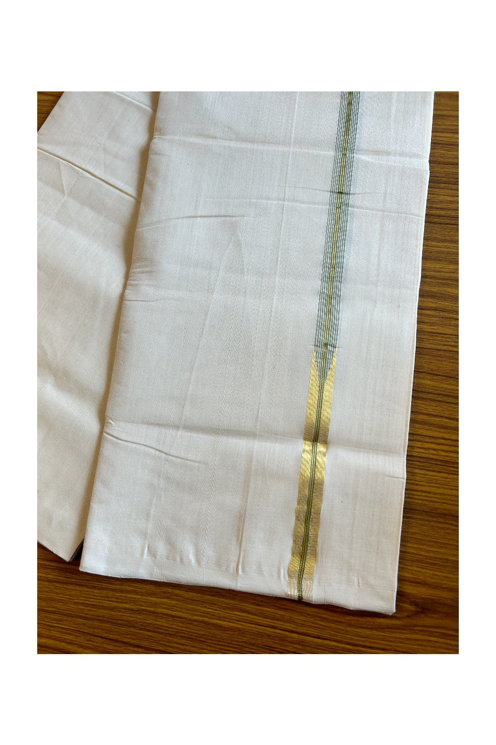 17% DISCOUNT!! KaithariKada HANDLOOM Millpaav Balaramapuram - 100% PURE Cotton OFF White Double - (Unbleached) Mundu/Dothi - 0.75 inch Puliyilakkara long chutty Kasavu & Sage Green stripes kara - 27KK5011RAM