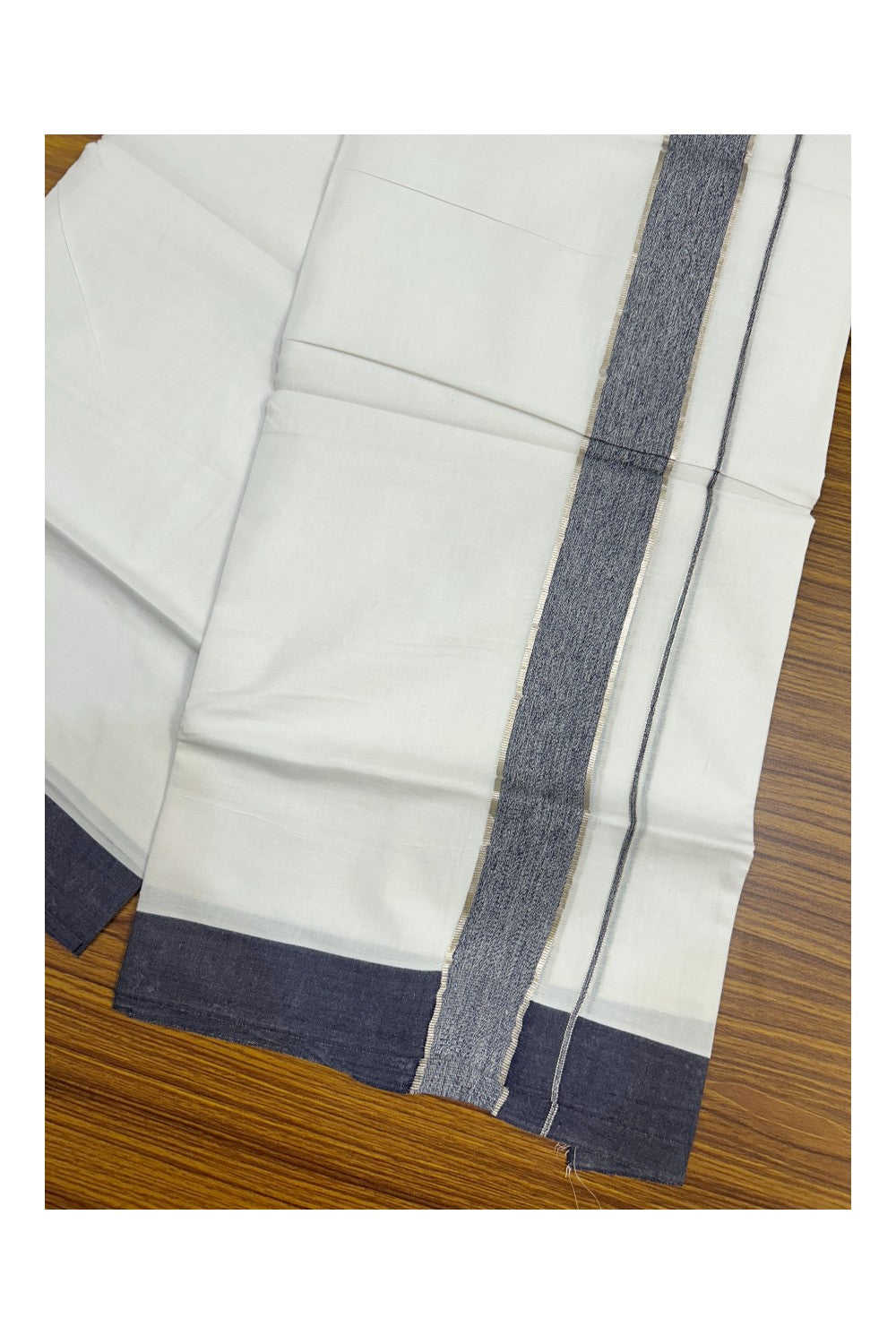 20% Discount !! KaithariKada Balaramapuram Double PURE WHITE Mundu/Dhoti- 100x80 - 1.5 inch Navy Blue Shaded Kara Silver Striped kara - 27KK5143PMC