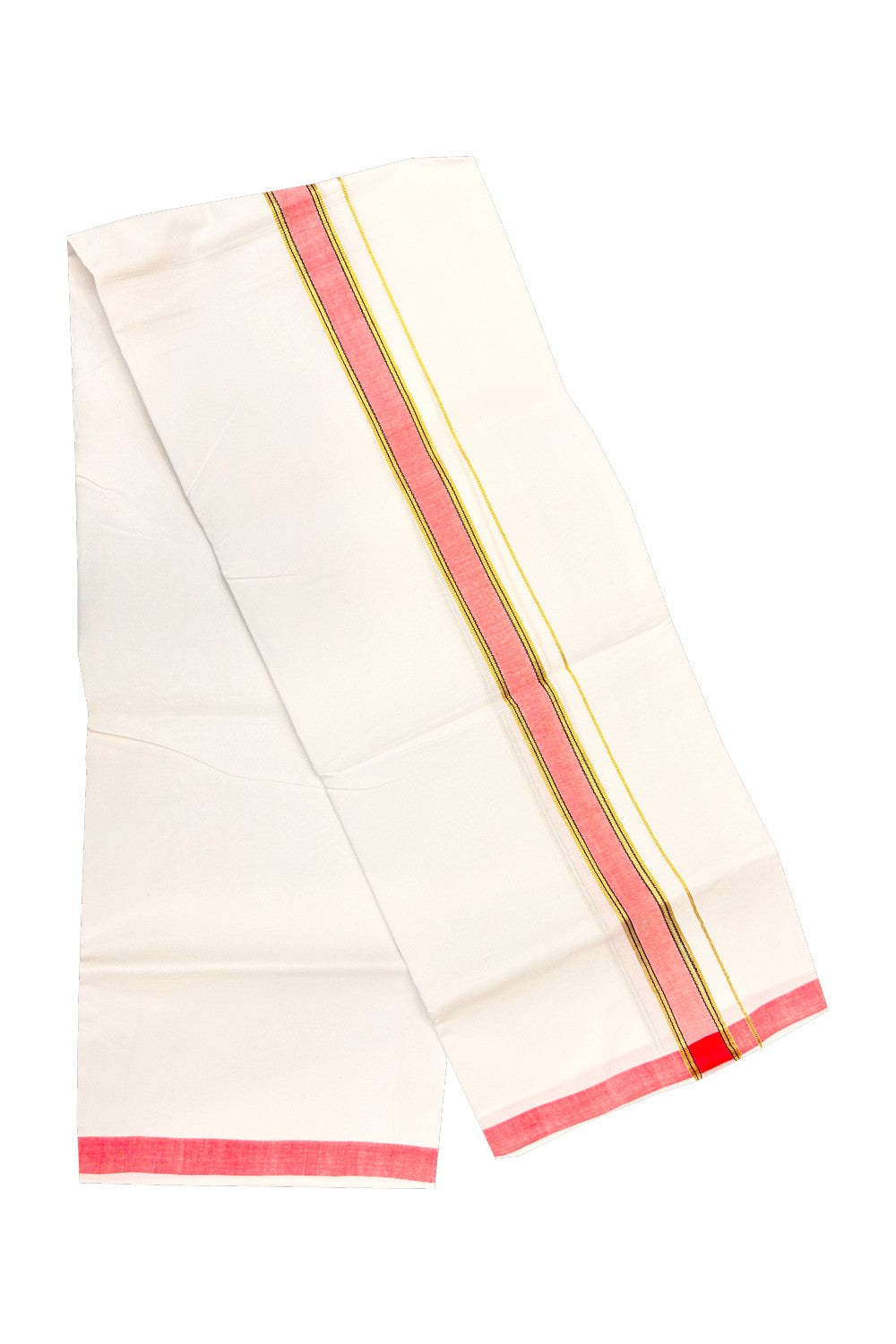 20% OFFER! KaithariKada 100% Cotton Balaramapuram HANDLOOM Single  PURE WHITE Mundu/Dhoti - 1.75 inch  Red  Kasavu Kara &  Stripes Design - 28KAI.