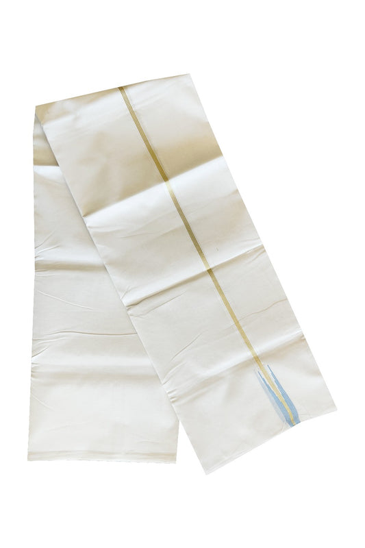 23% DISCOUNT!! KaithariKada Balaramapuram 100% Cotton PURE WHITE Double Mundu/Dhoti-100x100  1.5 cm Puliyilakkara  SKY BLUE  AND   KASAVU Chutty Pattern KARA.