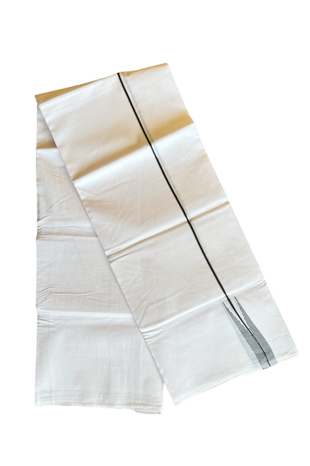 19% DISCOUNT!! KaithariKada Balaramapuram 100% Cotton PURE WHITE Double Mundu/Dhoti-100x100  2.5 cm Puliyilakkara  Silver kasavu & black striped chutty - 28KK412ASH