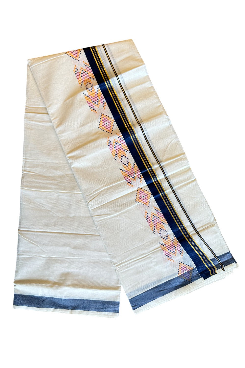 31% Discount !! KaithariKada Balaramapuram 100% Cotton Off white Double Mundu/Dhoti - 80x72 - 3.5 Inch Navy Blue & Kasavu  pattern printed kara - 28KK482VIN