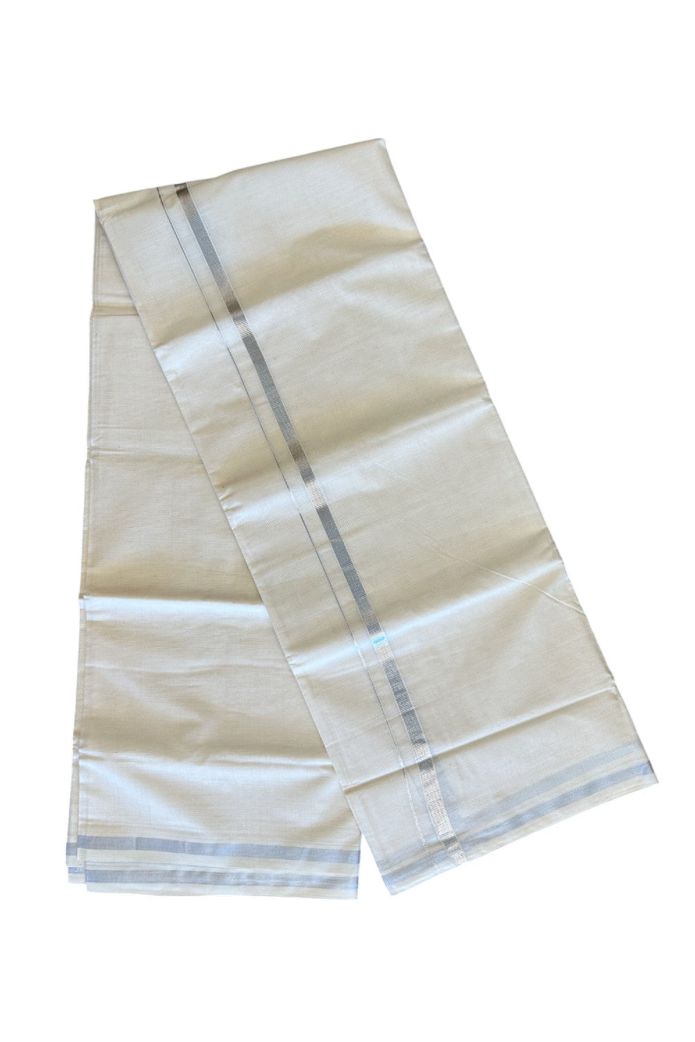 33% DISCOUNT! KaithariKada Balaramapuram 100% Cotton Double Off white Mundu/Dhoti-100x80 1 inch SILVER Kasavu Kara 3.70 meter- 28KK500KK