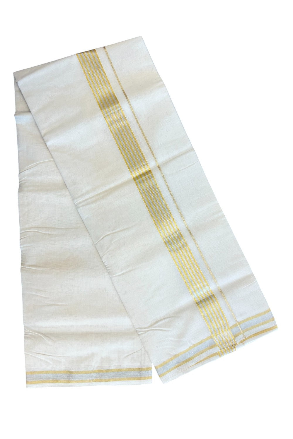 8% DISCOUNT ! KaithariKada HANDLOOM Millpaav Balaramapuram - 100% PURE Cotton Off White Double - (Unbleached) Mundu/Dhoti - 2.25 inch Gold Kasavu & Silver Striped Kara - 28KK5029RAM