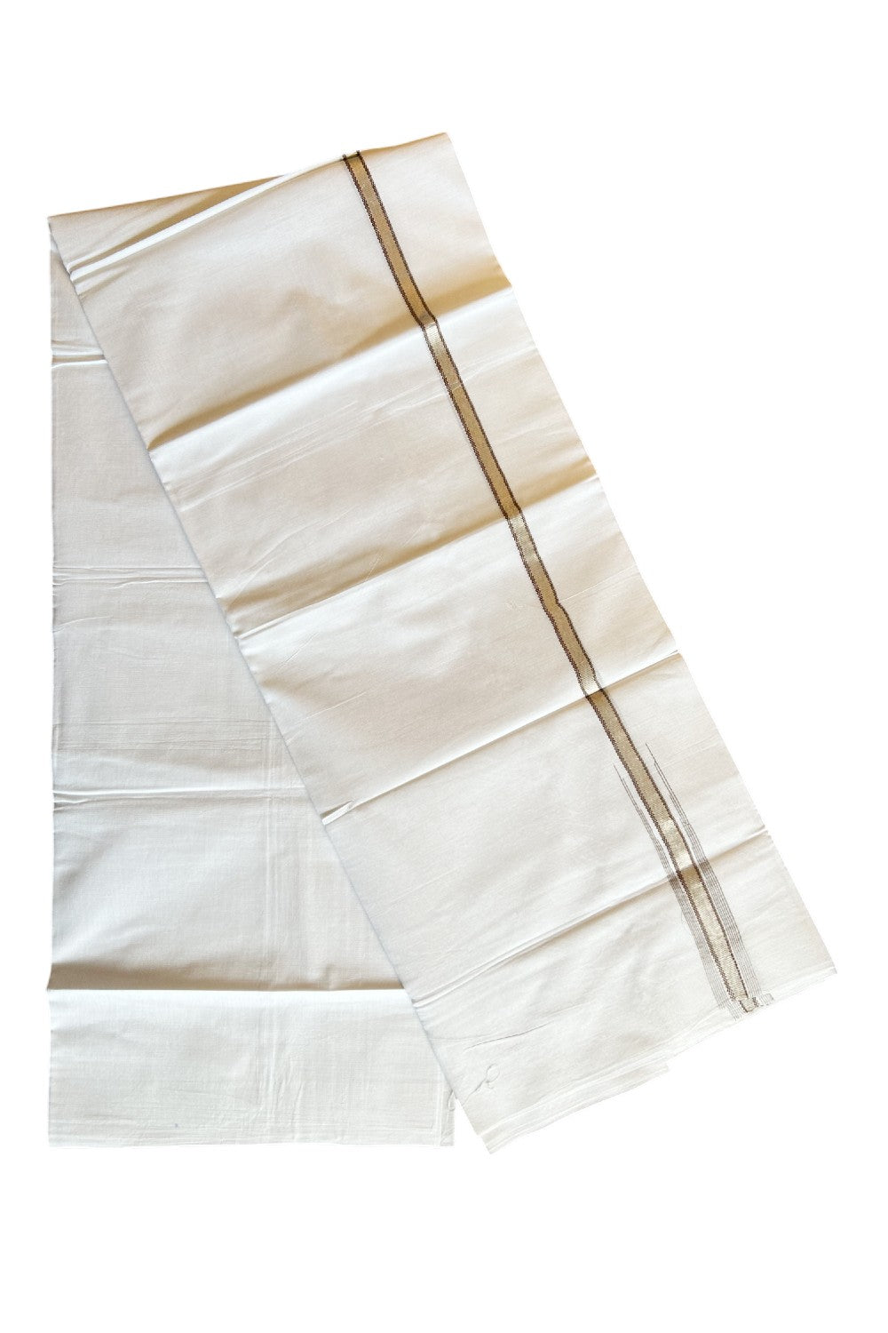 8% Discount ! Kaitharikada Balaramapuram 100% Cotton PURE WHITE Double Mundu/Dothi- 0.5 inch Silver Kasavu &  Brown Striped Chutty Kara - 28KK5032GAN