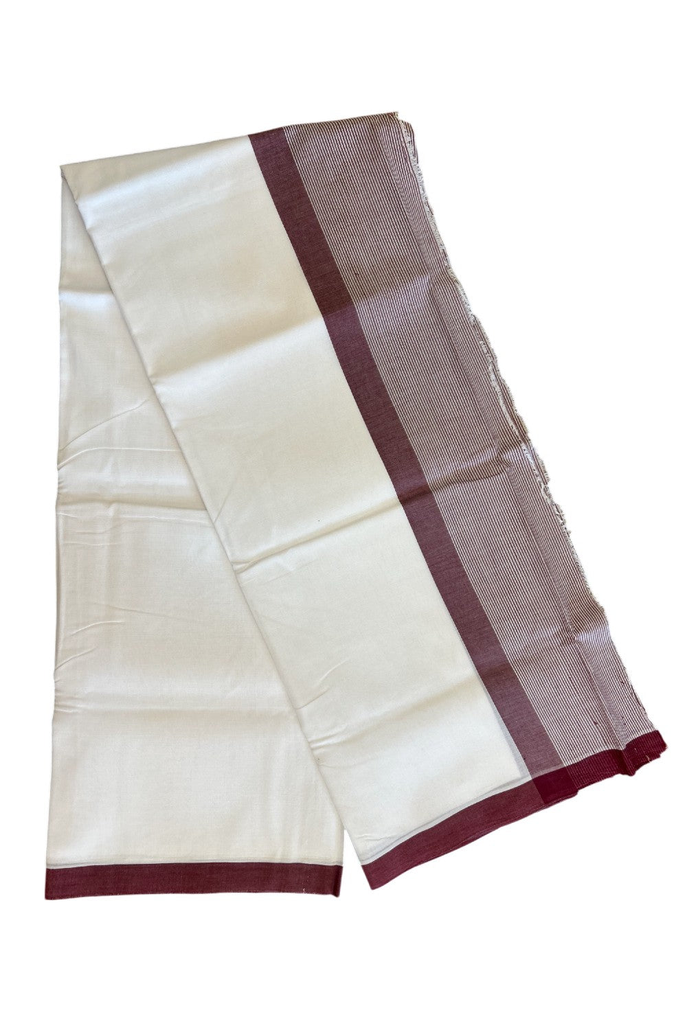 30% DISCOUNT!! KaithariKada Balaramapuram 100% Cotton PURE WHITE Double Mundu/Dhoti-100x100 - 4.5 inch Maroon & white striped kara - 28KK5043ASH