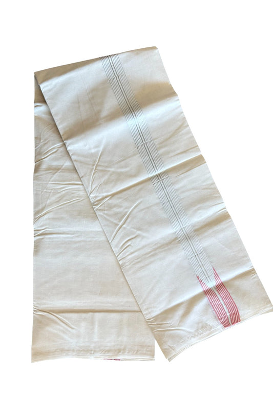 23% DISCOUNT ! KaithariKada 100% Cotton OFF WHITE Double Dhoti/Mundu - (Unbleached) - 1.5inch 12 Line Peach Puliyilakkara Chutty & Silver Kasavu Stripes- 11KK411ASH