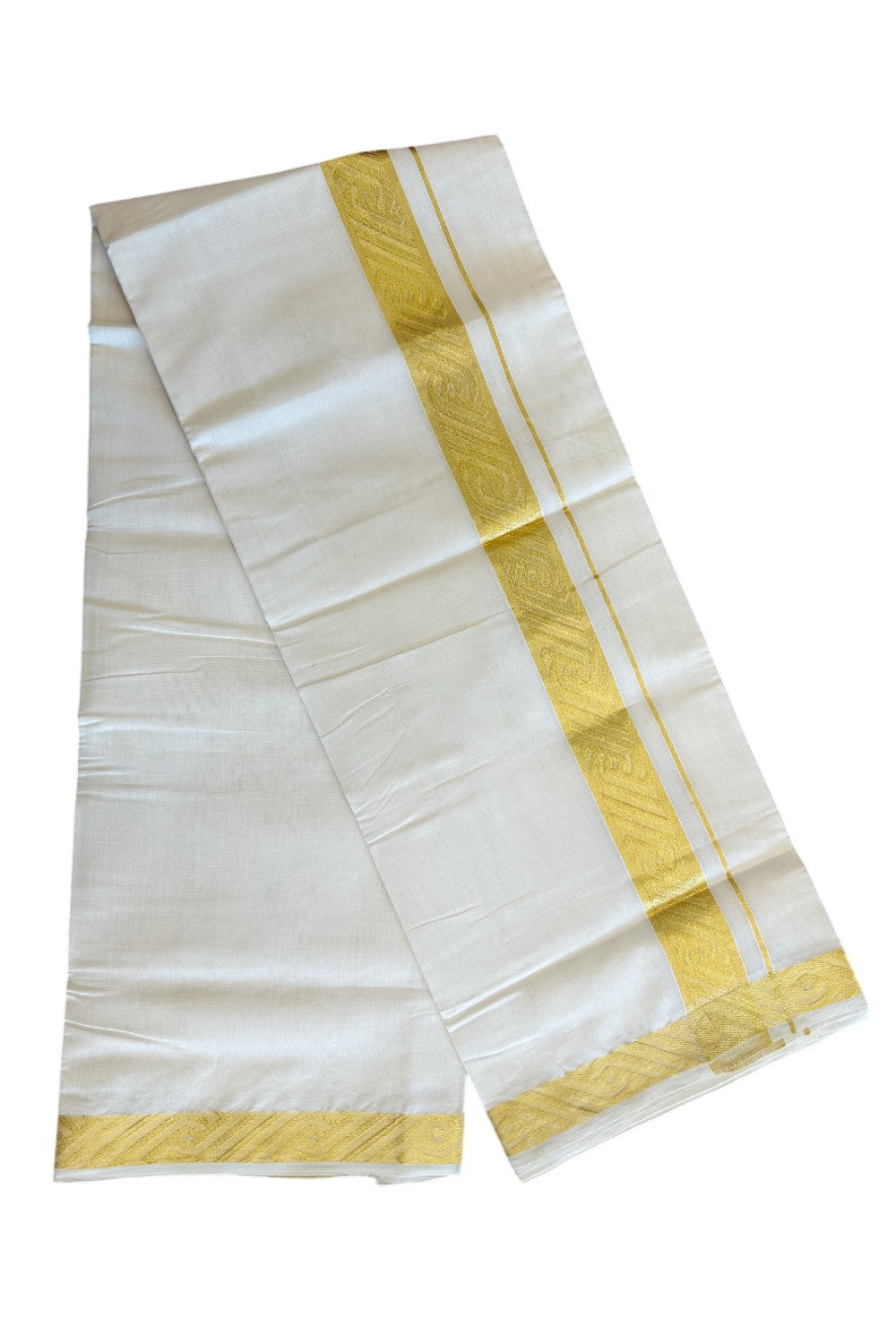 30% DISCOUNT ! KaithariKada HANDLOOM Unakkupaav Balaramapuram - 100% PURE Cotton Off White - (Unbleached) Double Mundu/Dhoti - 2.5 inch Gold Kasavu Striped Design Kara - 28KK5105RAM