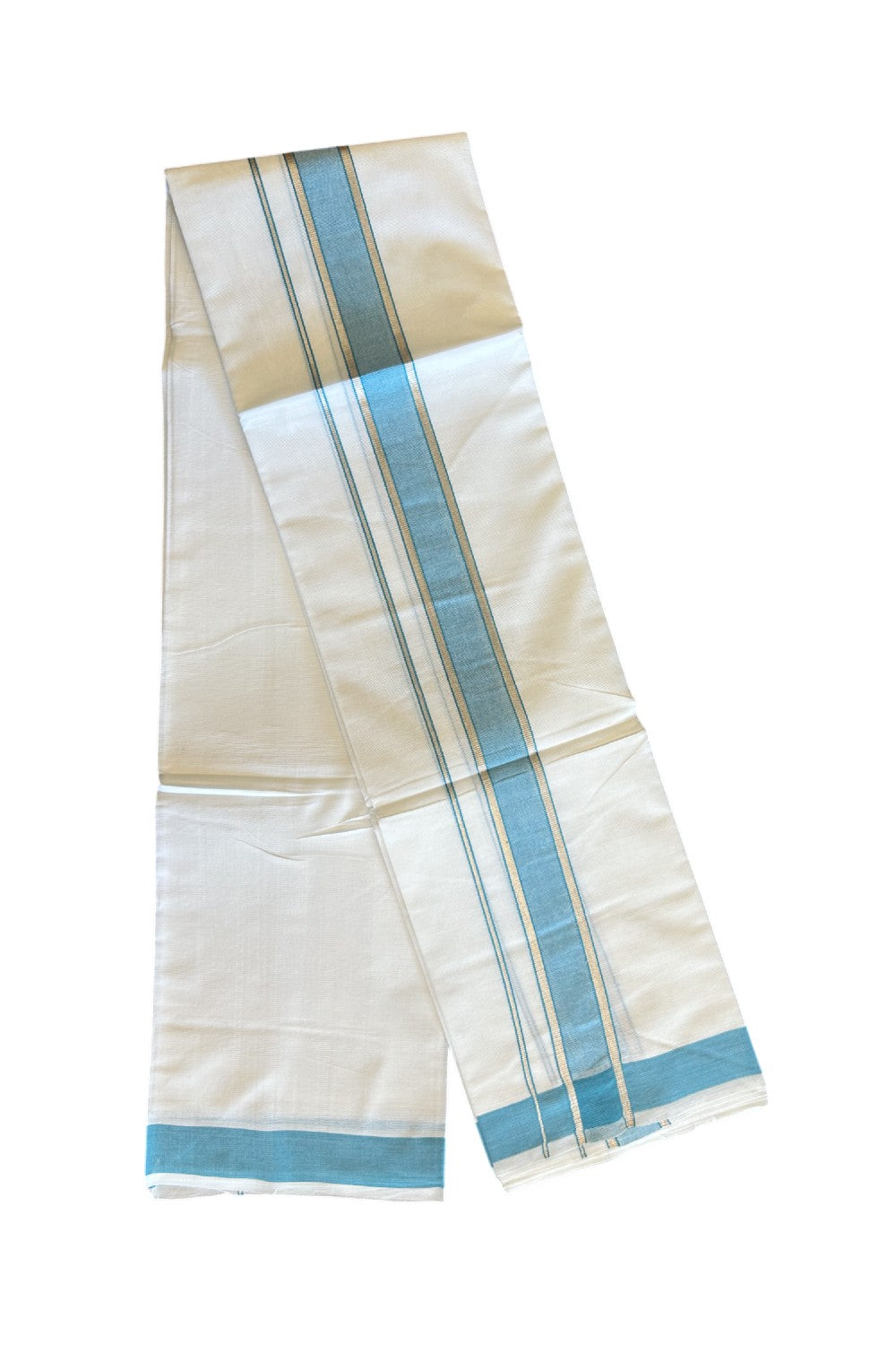 29% DISCOUNT! KaithariKada Balaramapuram 100% Mercerised Cotton Double PURE white Mundu/Dhoti - 100x100  2.25 inch Silver Kasavu &  Turquoise blue Kara - 28KK5108GAN