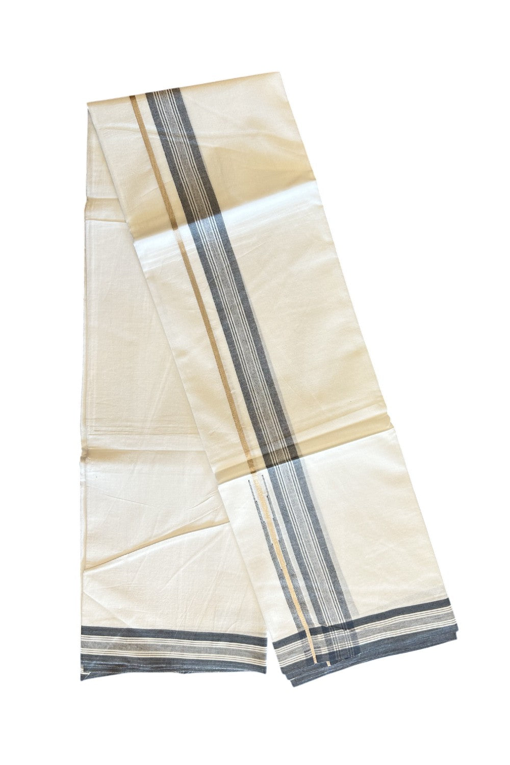 20% DISCOUNT!! KaithariKada Balaramapuram 100% Cotton PURE WHITE Double Mundu/Dhoti - 100x80 - 1.75 inch Black Shaded Silver Kasav stripes Chutty kara - 28KK5109THI