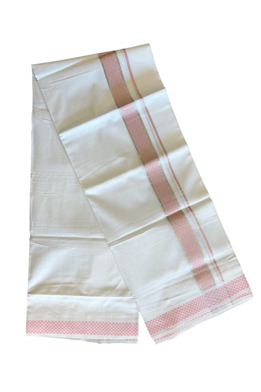 20% DISCOUNT! KaithariKada Balaramapuram 100% Cotton Double PURE white Mundu/Dhoti - 100x80 - 2 Inch Silver kasavu Baby pink square pattern Kara - 28KK5112PMC