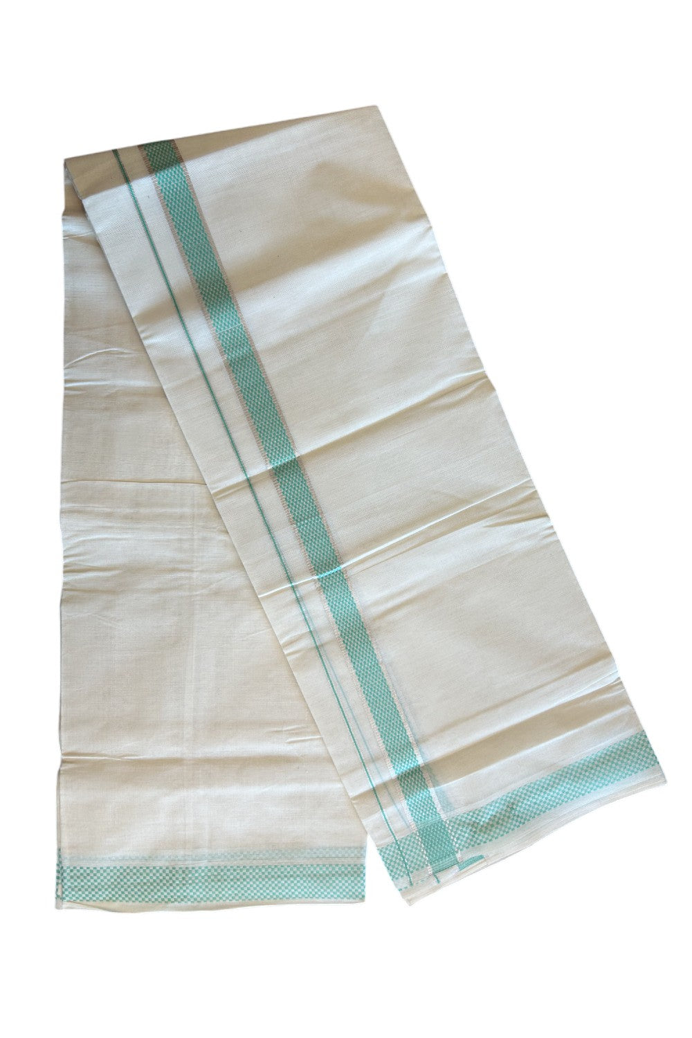 20% DISCOUNT ! KaithariKada Balaramapuram 100% Cotton Double off white  (Unbleached) Mundu/Dhoti - 100X90 - 1.75 inch Silver kasavu & Turquoise Green Check design kara - 28KK5113PMC