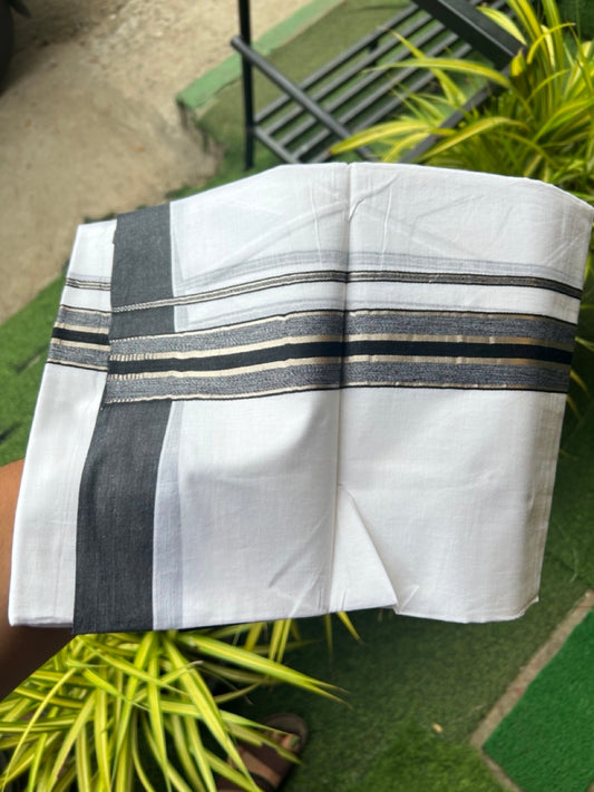 20% Discount !! KaithariKada Balaramapuram Double PURE WHITE Mundu/Dhoti- 100x80 - 1.5 inch Black Shaded Kara Silver Striped kara - 28KK5143PMC