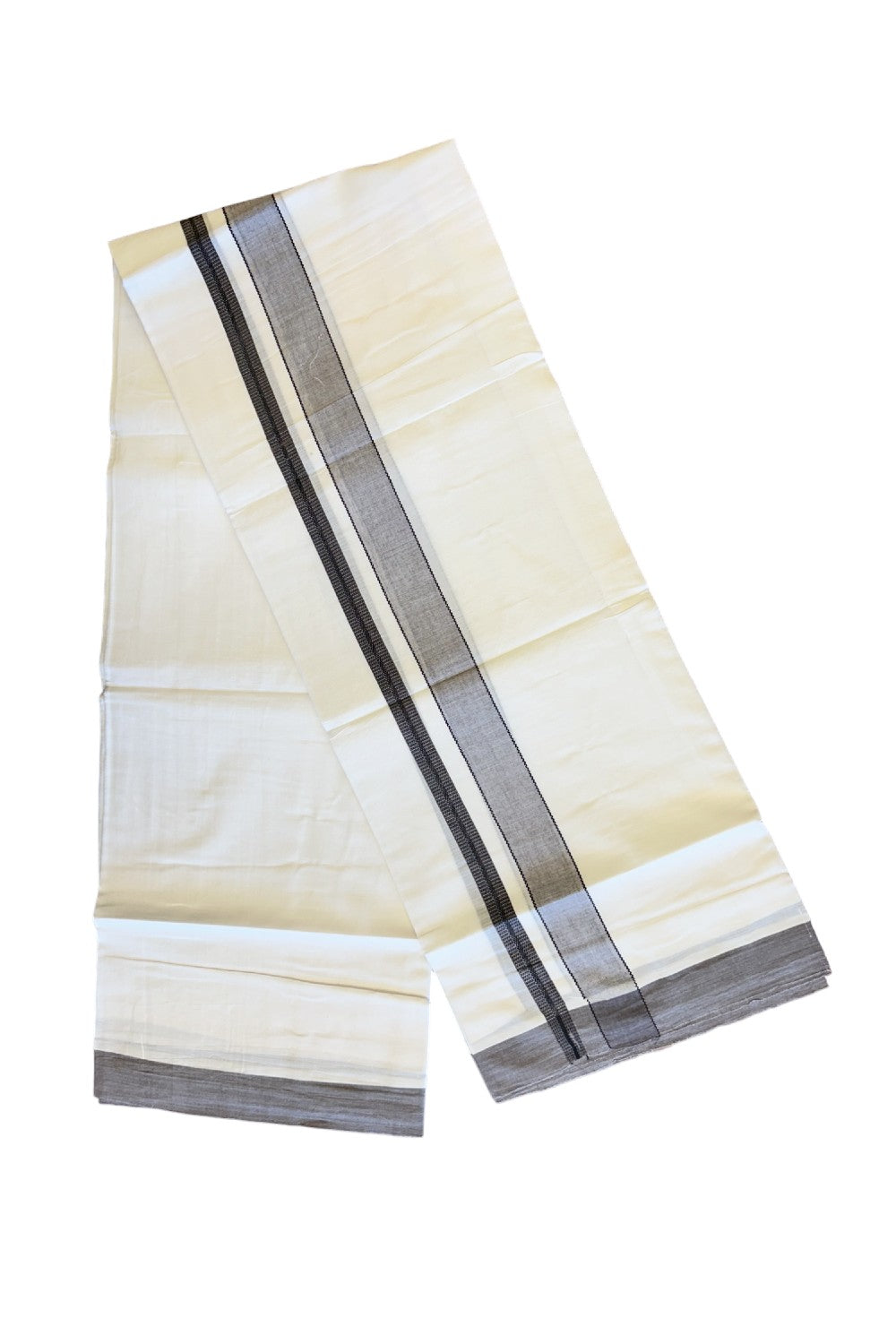 21% DISCOUNT!! Kaitharikada Balaramapuram 100% Cotton Ultra WHITE Double Mundu/Dothi-100x80  2.5 Inch ASH PURPLE & BLACK Striped Cotton Kara -28KK73VAS.