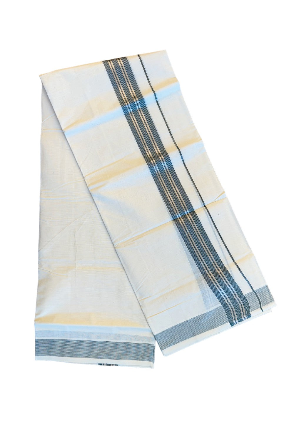 19% DISCOUNT!!! KaithariKada Balaramapuram 100%  Cotton off white - (Unbleached) Double  Mundu/Dhoti - 100X100  silver & dark green stripes kara - 28KK82VIN