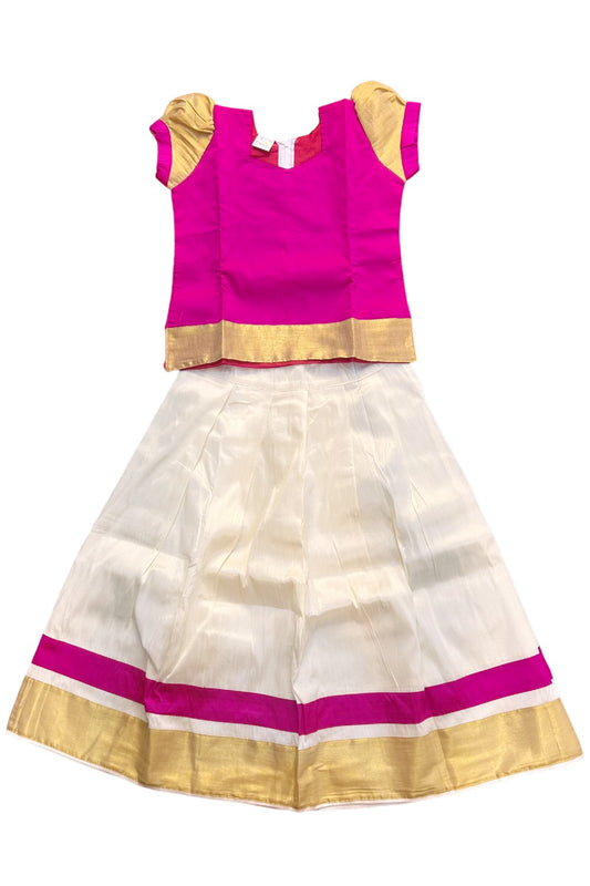 Midukki-Traditional South Indian Kids Pattu Pavada- Magenta top offwhite skirt with kasavu - Age 8 - KK8MID0028