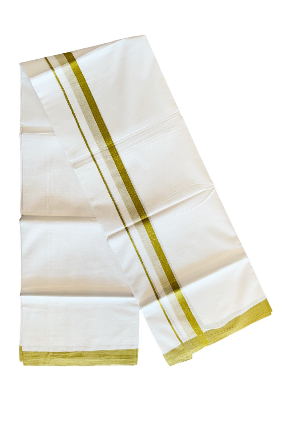 24% DISCOUNT!! Kaitharikada Balaramapuram 100% Cotton Ultra WHITE Double Mundu./Dothi-100x80   1.75 Inch MUSTARD YELLOW  Shaded Cotton Kara -28KK45VAS.