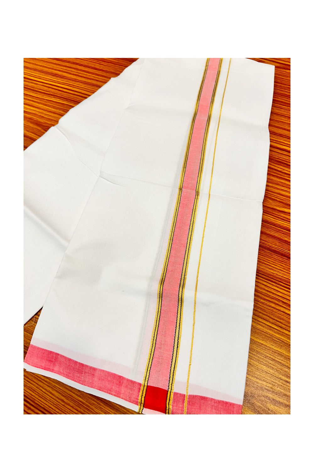 20% OFFER! KaithariKada 100% Cotton Balaramapuram HANDLOOM Single  PURE WHITE Mundu/Dhoti - 1.75 inch  Red  Kasavu Kara &  Stripes Design - 28KAI.