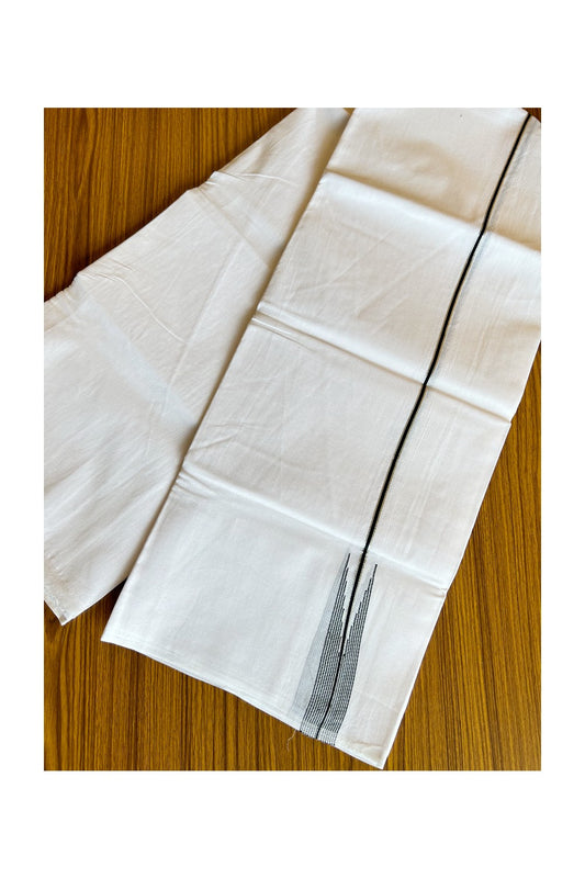 19% DISCOUNT!! KaithariKada Balaramapuram 100% Cotton PURE WHITE Double Mundu/Dhoti-100x100  2.5 cm Puliyilakkara  Silver kasavu & black striped chutty - 28KK412ASH