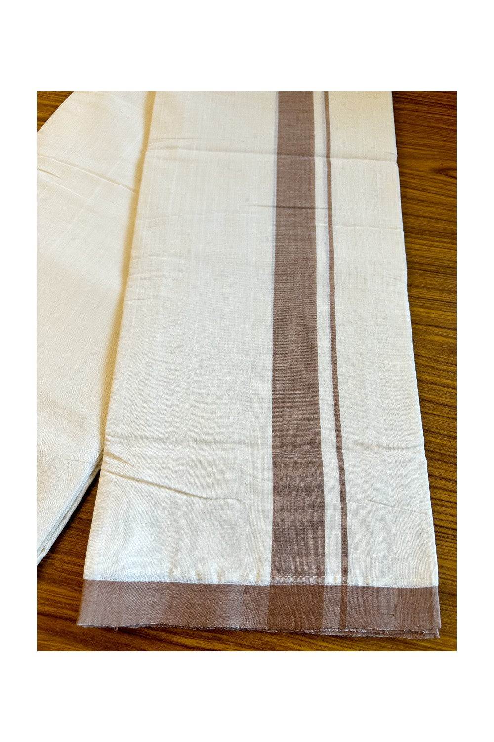 15% DISCOUNT!! KaithariKada HANDLOOM Millpaav Balaramapuram - 100% PURE Cotton OFF White Double Mundu/Dothi - 2 Inch Peanut brown Mulloth Kara 3.70m - 28KK456KK