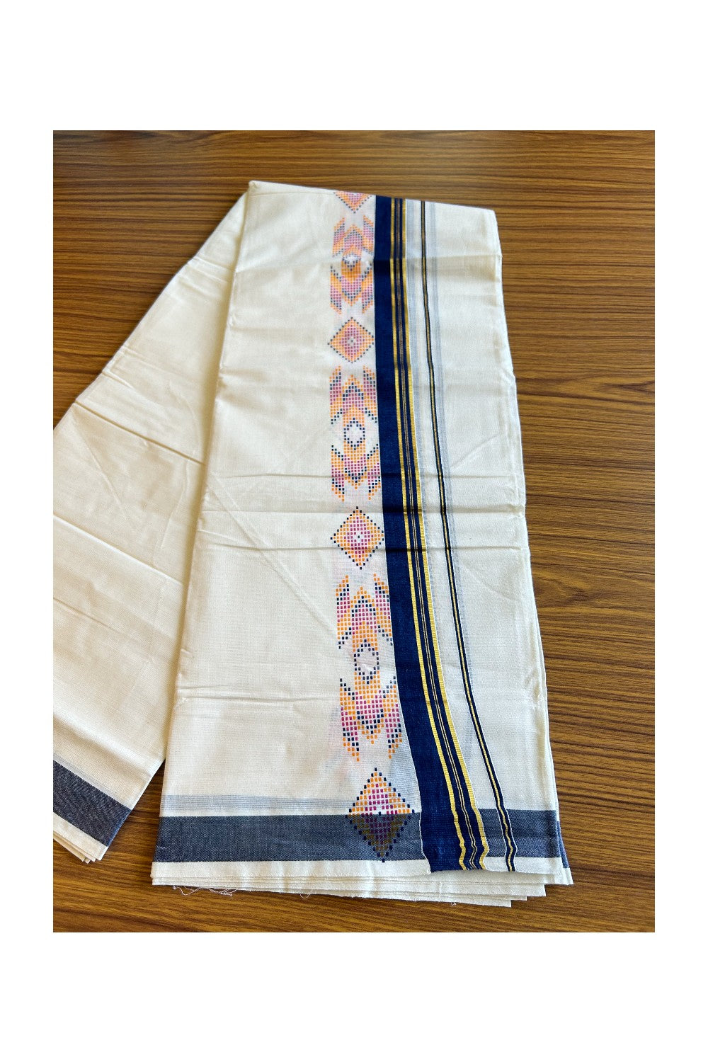 31% Discount !! KaithariKada Balaramapuram 100% Cotton Off white Double Mundu/Dhoti - 80x72 - 3.5 Inch Navy Blue & Kasavu  pattern printed kara - 28KK482VIN