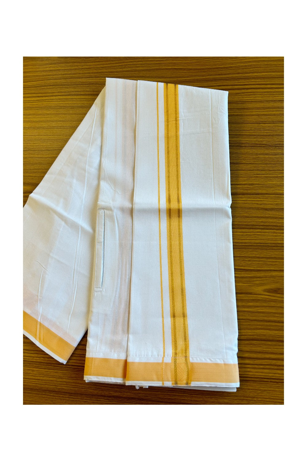 KaithariKada Balaramapuram COTTON SINGLE PURE WHITE VELCRO Mundu/Dhoti - 1.75inch Orange &  Kasavu kara - 27KK485SRI