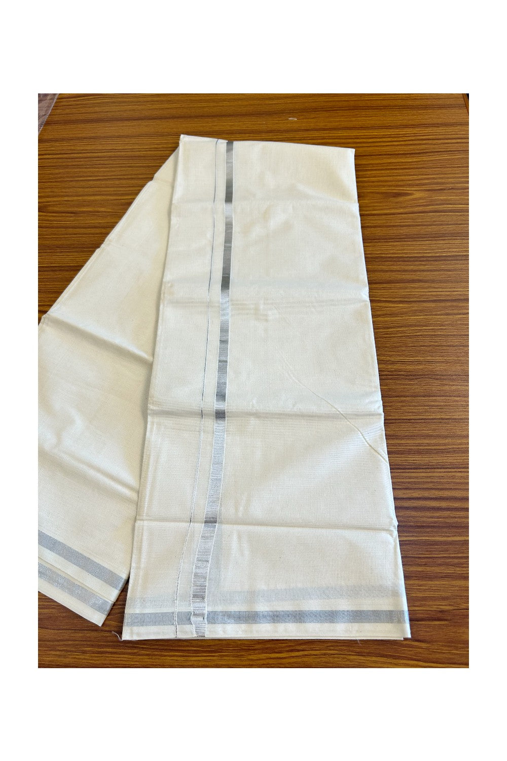 33% DISCOUNT! KaithariKada Balaramapuram 100% Cotton Double Off white Mundu/Dhoti-100x80 1 inch SILVER Kasavu Kara 3.70 meter- 28KK500KK