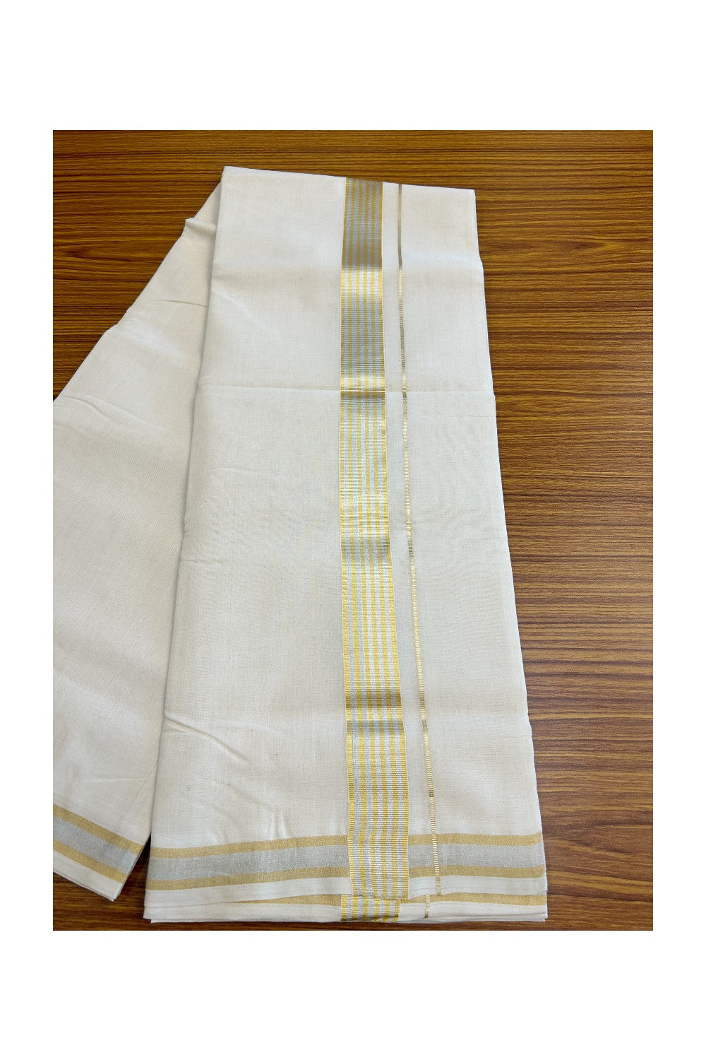 8% DISCOUNT ! KaithariKada HANDLOOM Millpaav Balaramapuram - 100% PURE Cotton Off White Double - (Unbleached) Mundu/Dhoti - 2.25 inch Gold Kasavu & Silver Striped Kara - 28KK5029RAM