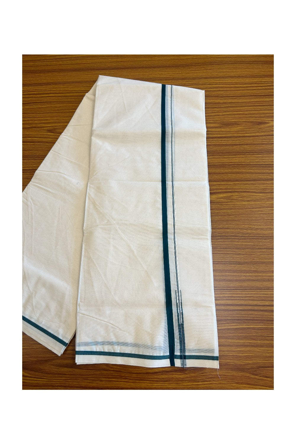 Latest!! 28% Discount !  KaithariKada Balaramapuram 100% Cotton Double Off white - (Unbleached) Mundu/Dhoti-100x100 1. cm  Puliyilakkara Chutty Dark  green Kara- 1.