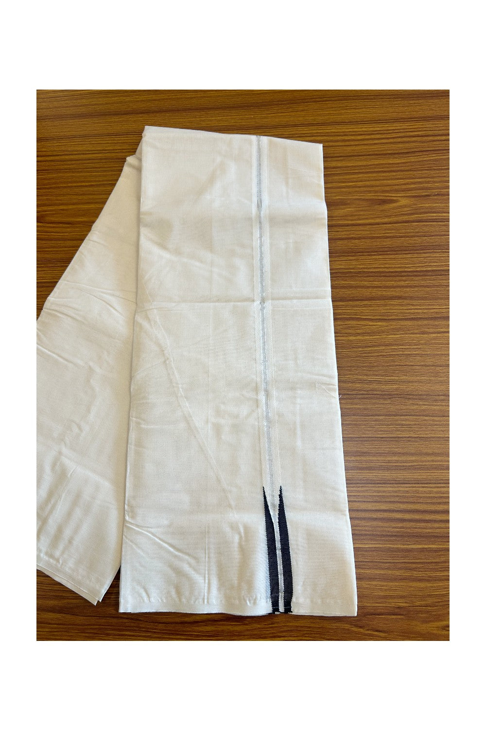 21% Discount! KaithariKada Balaramapuram 100% Cotton Double Off white - (Unbleached) Mundu/Dhoti-(100X100)- 0.75 inch PULIYILAKKARA CHUTTY BLACK & SILVER KARA- 6KK87ASH