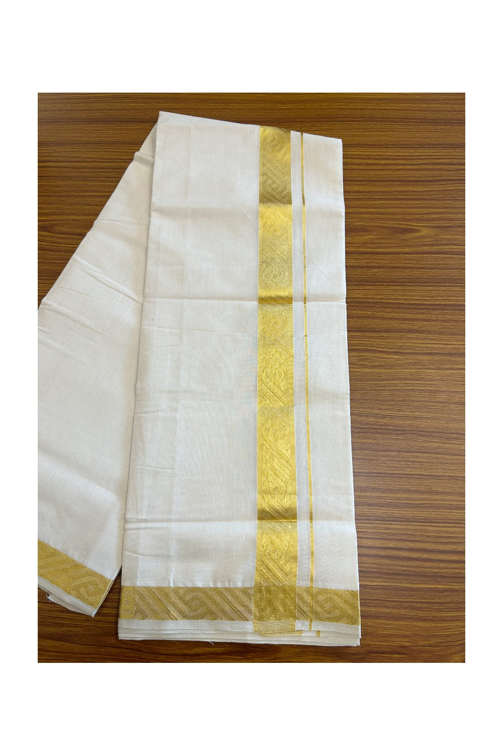 30% DISCOUNT ! KaithariKada HANDLOOM Unakkupaav Balaramapuram - 100% PURE Cotton Off White - (Unbleached) Double Mundu/Dhoti - 2.5 inch Gold Kasavu Striped Design Kara - 28KK5105RAM