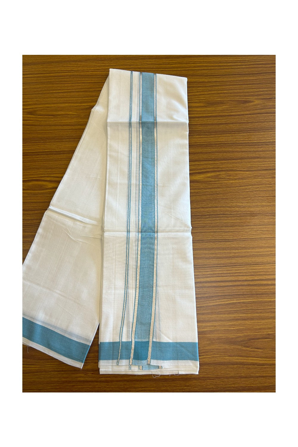 29% DISCOUNT! KaithariKada Balaramapuram 100% Mercerised Cotton Double PURE white Mundu/Dhoti - 100x100  2.25 inch Silver Kasavu &  Turquoise blue Kara - 28KK5108GAN