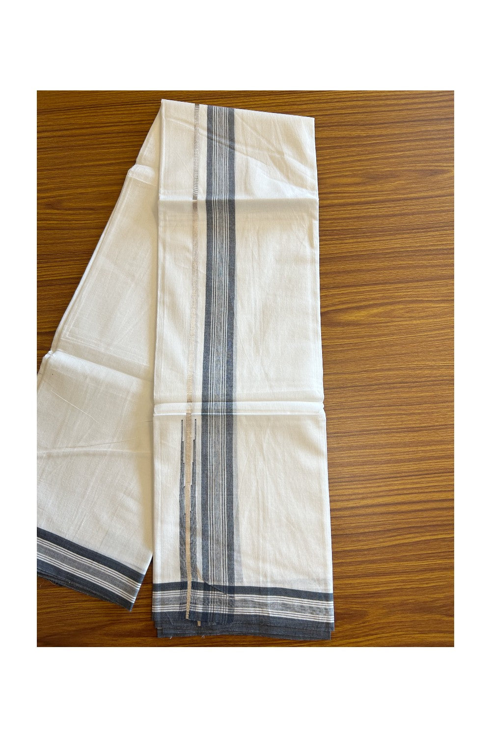 20% DISCOUNT!! KaithariKada Balaramapuram 100% Cotton PURE WHITE Double Mundu/Dhoti - 100x80 - 1.75 inch Black Shaded Silver Kasav stripes Chutty kara - 28KK5109THI