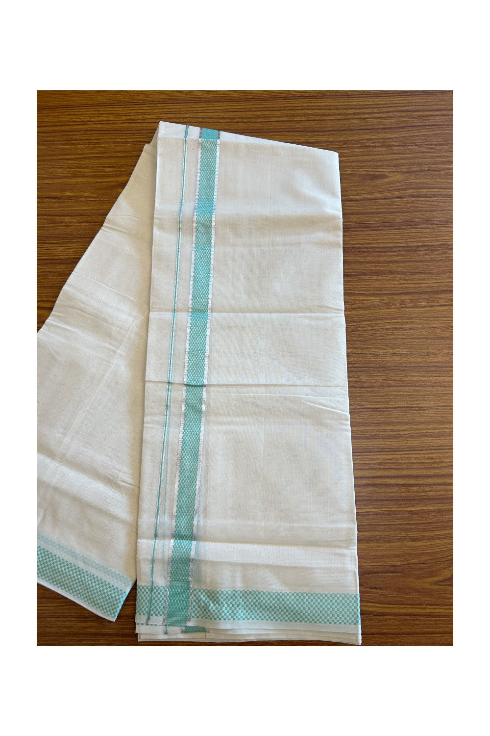 20% DISCOUNT ! KaithariKada Balaramapuram 100% Cotton Double off white  (Unbleached) Mundu/Dhoti - 100X90 - 1.75 inch Silver kasavu & Turquoise Green Check design kara - 28KK5113PMC