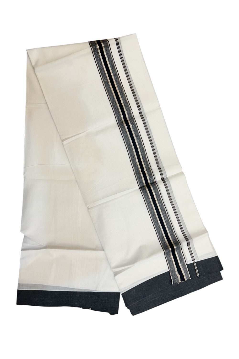 20% Discount !! KaithariKada Balaramapuram Double PURE WHITE Mundu/Dhoti- 100x80 - 1.5 inch Black Shaded Kara Silver Striped kara - 28KK5143PMC