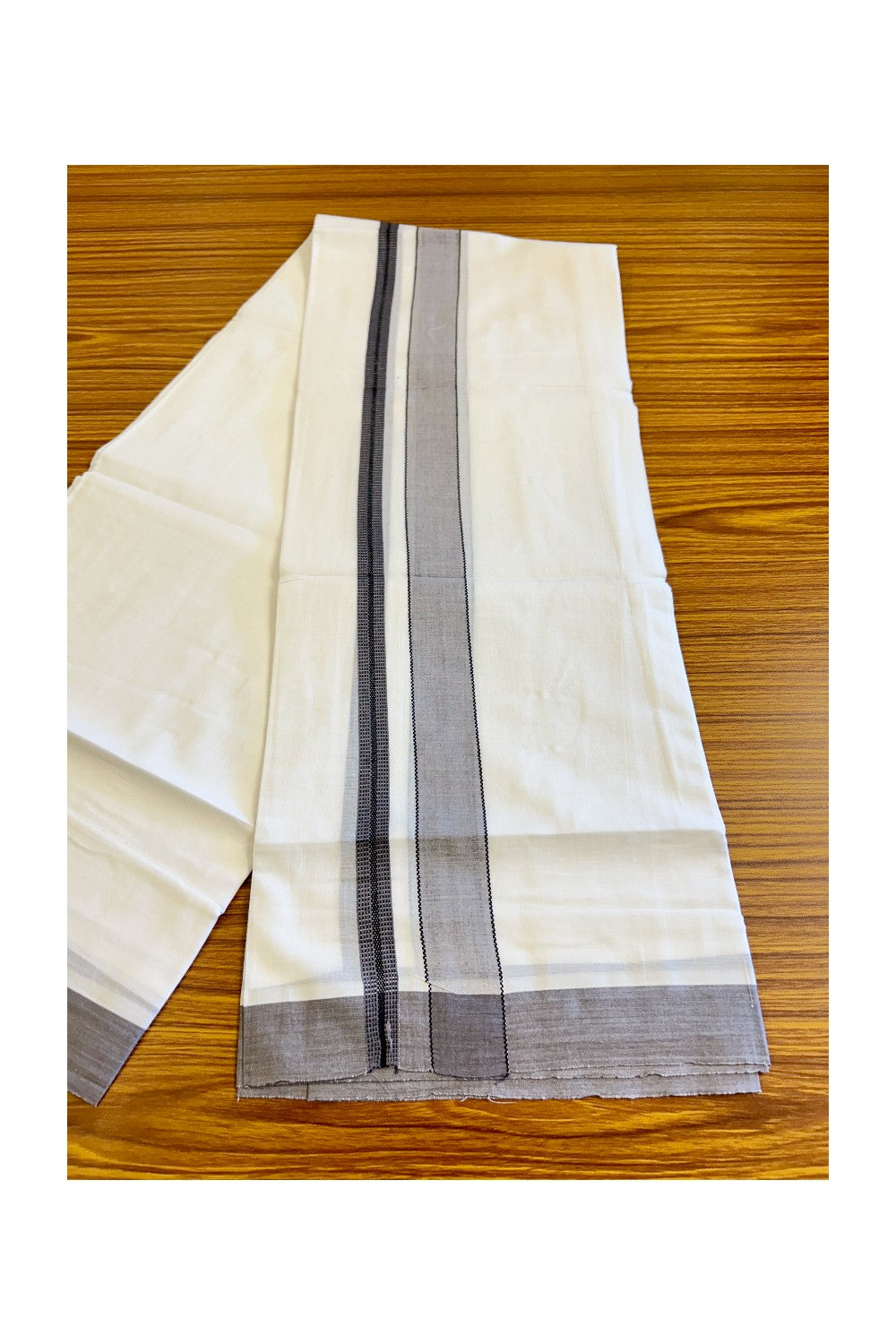 21% DISCOUNT!! Kaitharikada Balaramapuram 100% Cotton Ultra WHITE Double Mundu/Dothi-100x80  2.5 Inch ASH PURPLE & BLACK Striped Cotton Kara -28KK73VAS.