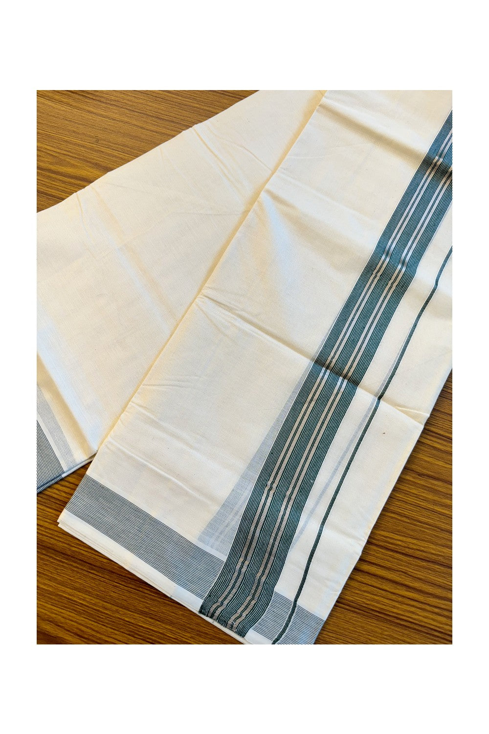 19% DISCOUNT!!! KaithariKada Balaramapuram 100%  Cotton off white - (Unbleached) Double  Mundu/Dhoti - 100X100  silver & dark green stripes kara - 28KK82VIN